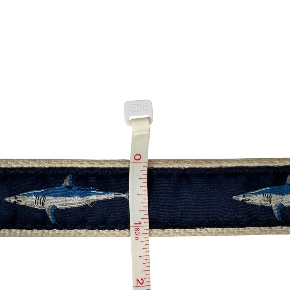 J. Bailey Boys Navy Shark Embroidered Canvas Leather Belt Size 20 Nautical Brass
